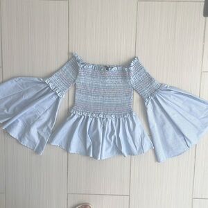 Central Park West Smocked Off the Shoulder Bell Sleeves Top Sz XS Blue White